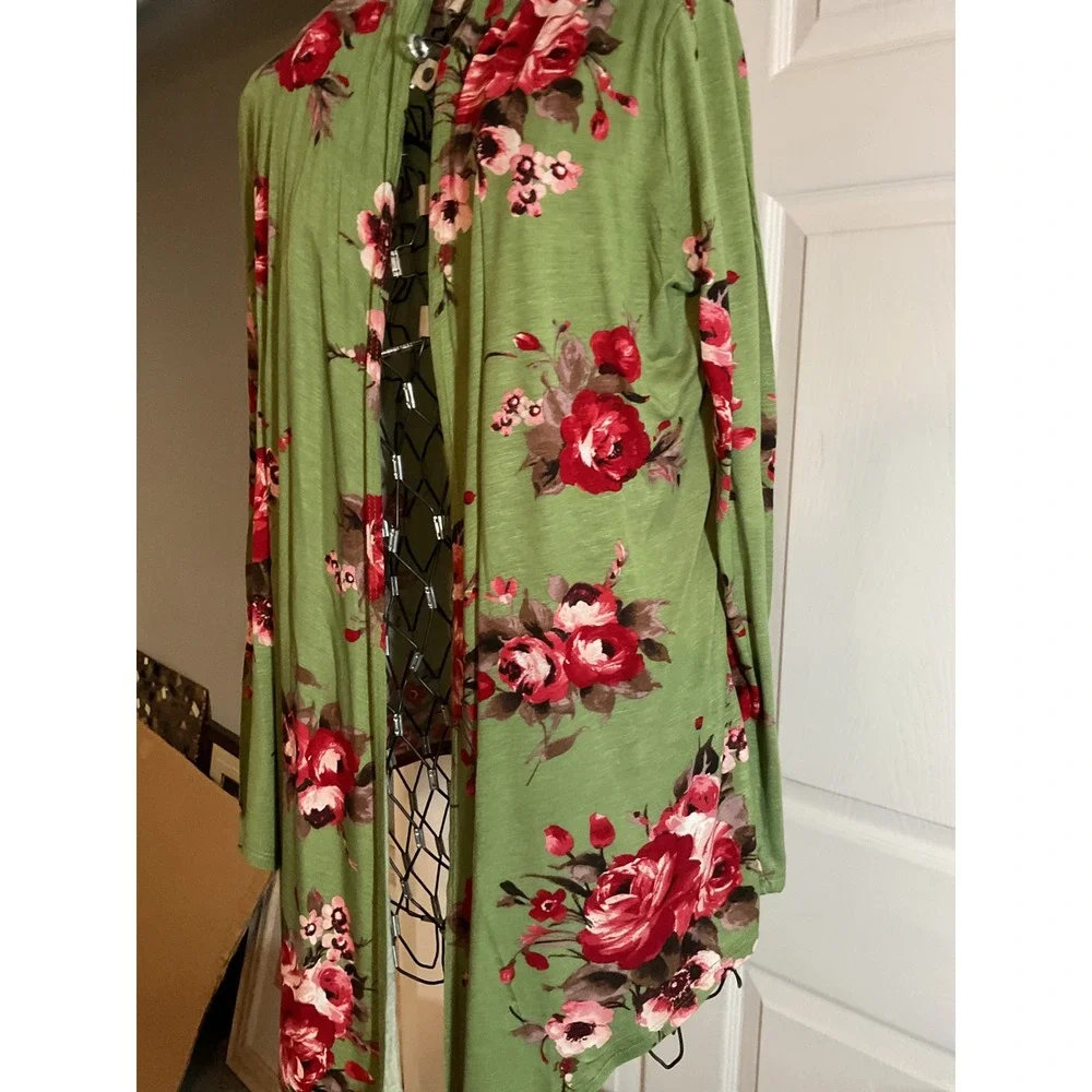 Amore All F Y Cardigan Grn Floral Print Long Sleeve Open Front Made In USA Large